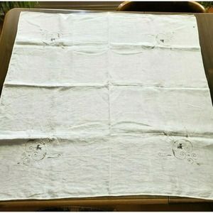 Vintage Table Topper Beige on White Embroidery Cutwork 34" x 34" Farmhouse Flaws